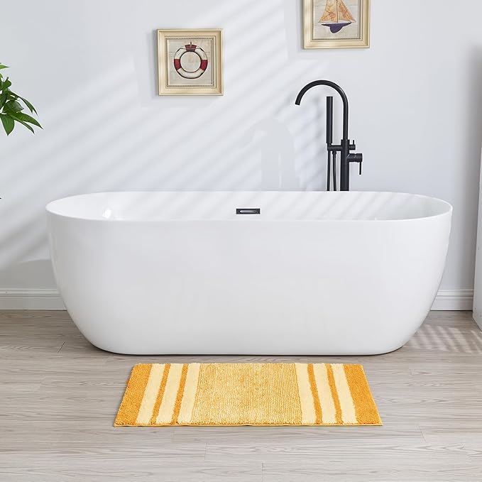 CozeCube Yellow Striped Bath mats for Bathroom Non Slip, Fluffy Absorbent Microfiber Bath mat Washable, Aesthetic Bathroom Rugs, Large Bath mat for Sink, 36" x 24"