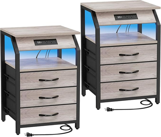 Night Stand Set of 2, Nightstands with Charger Station and LED Lights, End Tables Set with 3 Fabric Drawers, Storage Side Tables for Bedside, Living Room, Greige