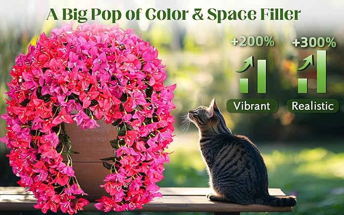 8 Pcs UV Resistant Artificial Flowers for Outdoors, Realistic Faux Silk Bougainvillea Flowers, Fake Hanging Plants for Porch Patio Balcony Decoration (Rose red & Purple)