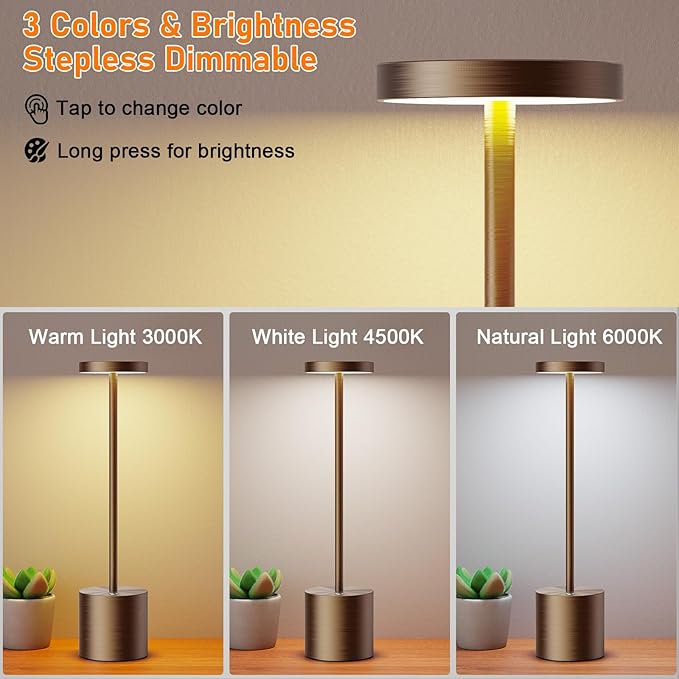 SAKRINGT Cordless Table Lamps Rechargeable,6000mAh Portable Battery Operated LED Table Light for Restaurant Outdoor Brown