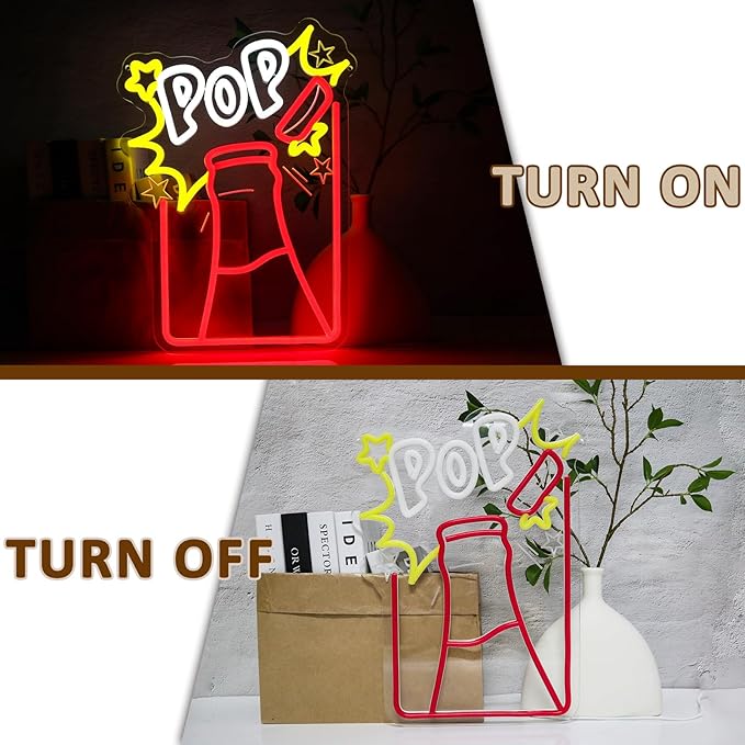 Pop Neon Sign for Wall Decor, Drink Led Signs for Bar, USB Dimmable Pop Champagne Neon Lights for Beer Bar Hotel Cafe Nightclub Restaurant Man Cave Home Bedroom Party Decoration