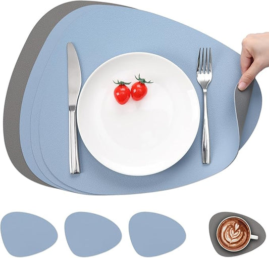 Myir JUN Placemats, Dual-Sided Placemats Waterproof Faux Leather Placemats Set of 6 Place Mats and Coasters Non-Slip Washable Table Mats for Dining Table (Gray Sky Blue, Set of 4)
