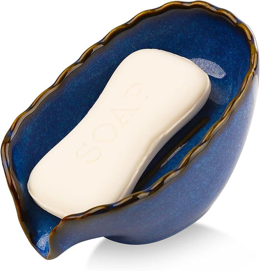 VanEnjoy Dish Washing Soap Holder Blue Ceramic Dish for Soap, Self Draining Soap Holder, Bar Soap Holder Leaf Shape for Bathroom, Kitchen