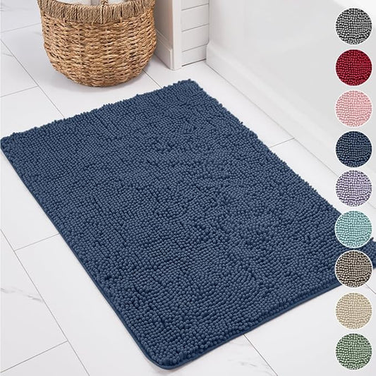 KANGAROO Bathroom Rugs, Chenille Soft Absorbent Bath Rug, Shaggy Shower Mat, Quick Dry Machine Wash Bathmat, Plush Carpet Mats for Tub, Bathtub and Room Home Decor Accessories, 42x24, Navy Blue