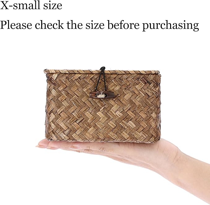 Hipiwe Seagrass Basket with Lid Wicker Storage Basket Square Handwoven Decorative Baskets Box for Shelf Multipurpose Household Baskets Home Decor,X-small