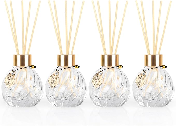 4Pcs Reed Diffuser Set with Metal Golden Decoration, 3.5oz Empty Reed Diffuser Bottles with 20Pcs Reed Diffuser Sticks, Unique Design Bottles for Home and Office(Twill)