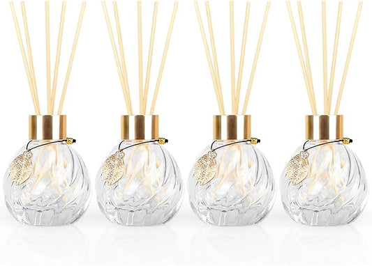 4Pcs Reed Diffuser Set with Metal Golden Decoration, 3.5oz Empty Reed Diffuser Bottles with 20Pcs Reed Diffuser Sticks, Unique Design Bottles for Home and Office(Twill)