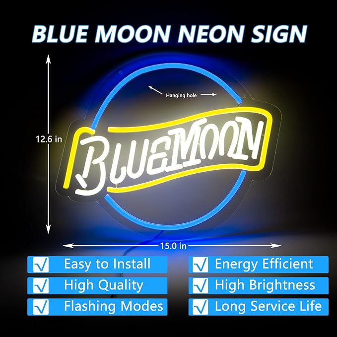 Blue Moons Neon Signs Wall Decor, Dimmable Neon Sign Colorful LED Lights for Beer Bar, Neon Light Up Signs Accessories Decorations for Man Cave Pub Game Room Aesthetic