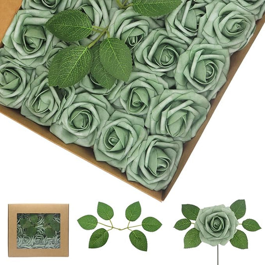 Artificial Flowers 50Pcs Elf Gree Roses Real Looking Foam Fake Roses with Leaves for DIY Wedding Bouquets Bridal Shower Centerpieces Party Decorations (Elf Green, 50)