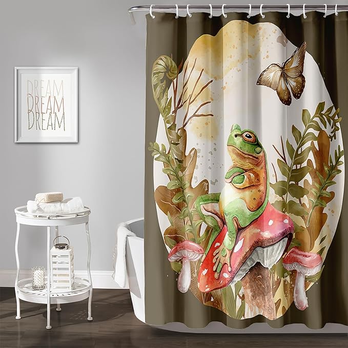 AILONEN Green Frog Mushroom Shower Curtain,Red Mushroom Waterproof Fabric Bath Curtain for Kids Girls Boys,Boho Aesthetic Minimalist Shower Curtain Set for Bathroom with Hooks,72" W*78" H