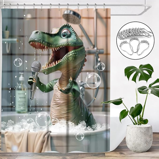 Funny Dinosaur Shower Curtain Cartoon Animal Shower Curtains for Kids Bathroom Decor Waterproof Polyester Fabric Bathroom Curtain with Hooks 55x72 Inch