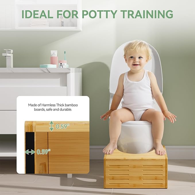 AmazerBath Toilet Stool for Toddler Potty Training, 3-in-1 Sturdy Bamboo One Step Squat Poop Foot Stool, Non-Slip Baby & Kids Potty Step Stool for Bathroom Sink, Kitchen Counter, Bedroom, Closet, 9"