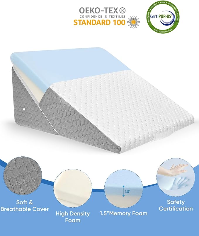 Forias Wedge Pillow for Sleeping 7-in-1 Foldable Bed Wedge Pillow for After Surgery 9 &12 Inch Adjustable Memory Foam Triangle Pillow Wedge for Acid Reflux Gerd Snoring Back Knee Pain