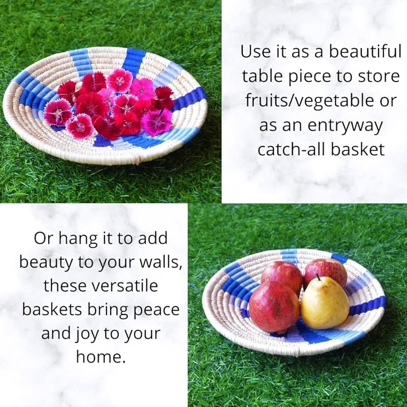 Set of 3 Round Boho Hanging Wall Basket Home Decor for Bedroom, Kitchen, Farmhouse Handmade Decorative Unique Indian Wall Decor Woven Wicker Baskets Christmas Gifting (Blue, Modish)
