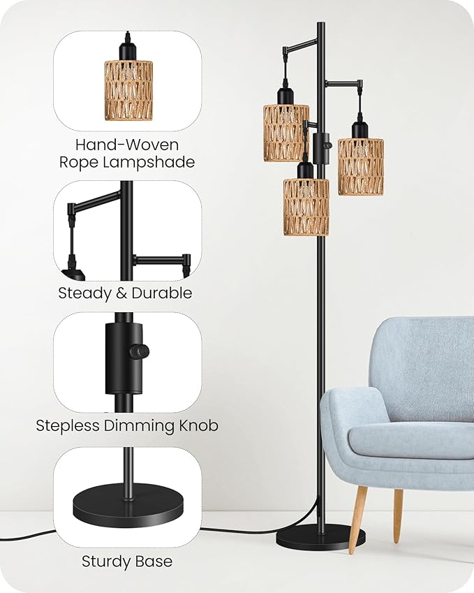 Dimmable Floor Lamp, Farmhouse Tall Standing 70.3" Tree Lamp with 3 Rope Woven Lampshades, Boho Rattan Floor Lights, 4W 3 LED Bulbs Included, for Living Room, Bedroom, Study, Office B03LD05