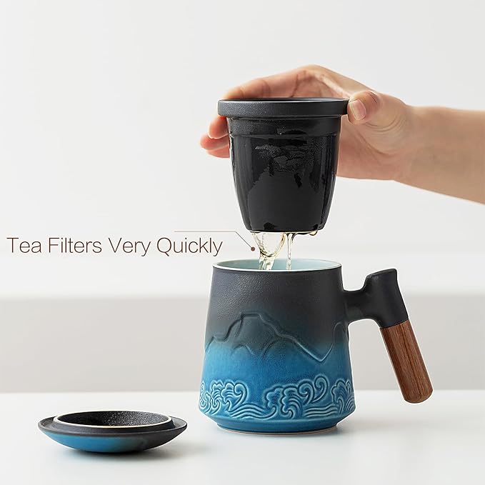 ZENS Tea Cup with Infuser and Lid for Loose Leaf Steeping, 16.9oz Embossed Ceramic Tea Infuser Mug, Wood Handle Tea Diffuser, Great Gift