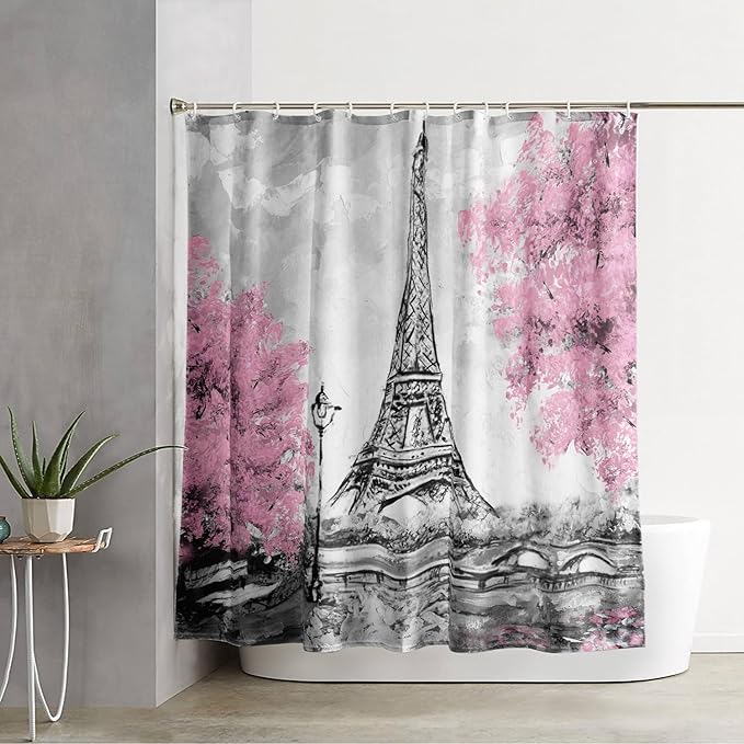 AILONEN Paris Tower Shower Curtain,Retro Gray Tower Waterproof Shower Curtain Set for Boys Kids Teens, 48" W*72" H Cherry Tree Eiffel Tower Pen Drawing Style Shower Curtains