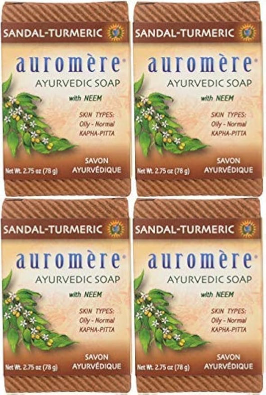 Auromere Ayurvedic Bar Soap, Sandal Turmeric - Eco Friendly, Handmade, Vegan, Cruelty Free, Natural, Non GMO (2.75 oz), 4 pack