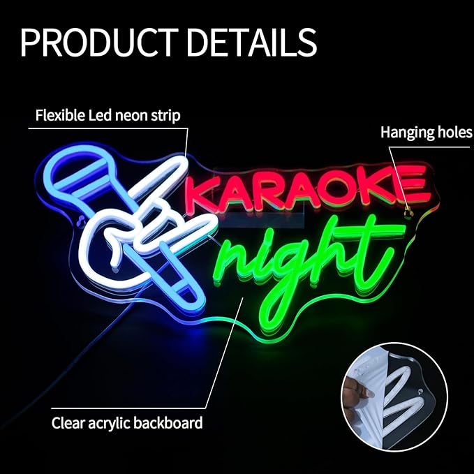 Karaoke Night Neon Sign for Music Room Decor Dimmable Karaoke Led Lights Signs for Karaoke Party Neon Light for Beer Bar Man Cave Pub Studio Game Room Birthday Party Decoration