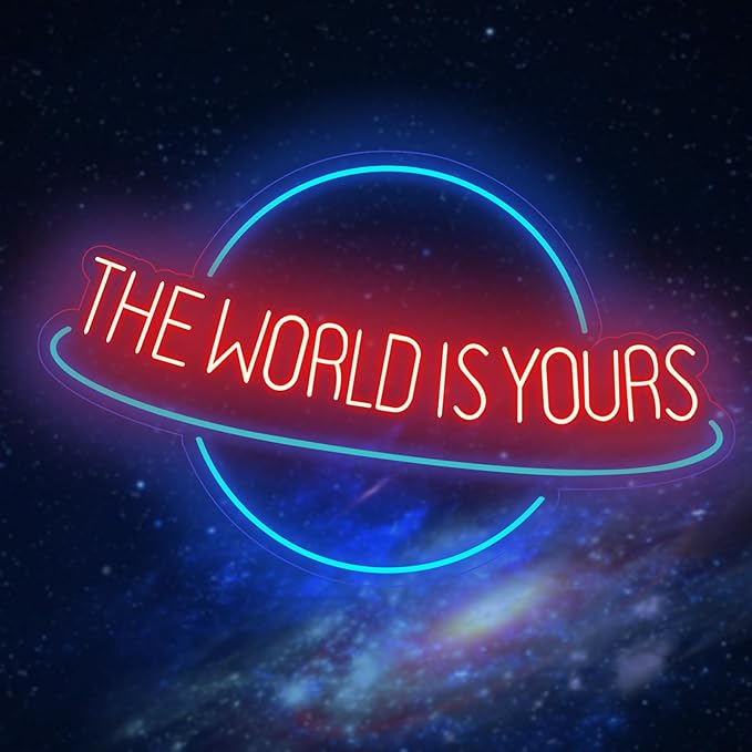 The World is Yours Neon Sign Planet LED Neon Light for Wall Decor Dimmable Blue Light Up Signs for Man Cave Beer Bar Wedding Game Room Bedroom Birthday Party Decor Gift