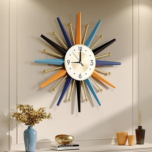 Mid Century Wall Clock, 22 Inch Large Vintage Metal Colorful Starburst Decorative Clocks Battery Operated, Boho Fancy Wall Clock for Kitchen Bedroom Living Room
