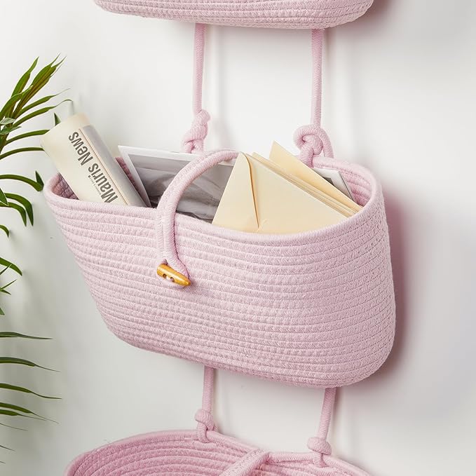 DULLEMELO Hanging Wall Basket for Wall Decor | Pink Woven Storage Basket with Button Strap | 3-Tier Hanging Baskets for Organizing | Hanging Kitchen Baskets