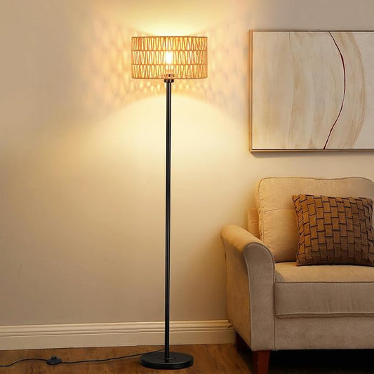 Rattan Boho Floor Lamp with Black Metal Base and LED Bulb - Double Shades, Farmhouse Rustic Design for Living Room, Bedroom, Office
