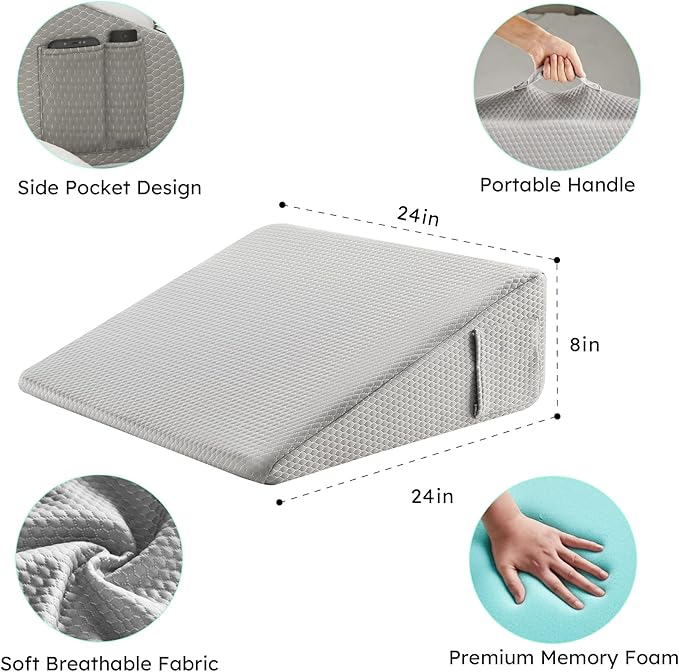 Wedge Pillow for Sleeping, 8 inch Elevated Support Bed Wedge Pillow, Breathable Triangle Pillow Wedge with Cooling Memory Foam Top - Removable Washable Cover, Grey