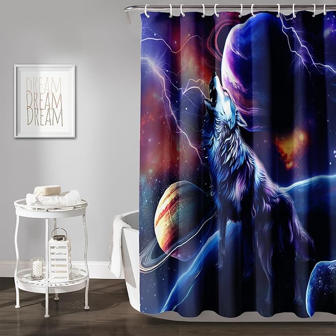 AILONEN Howling Wolf Shower Curtain,Lightning Planet Wolf Bath Curtain for Kids Boys Girls,Wildlife Animal Polyester Waterproof for Shower with 12 Plastic Hooks 48" W*72" H