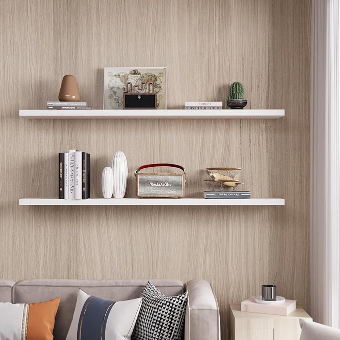 Floating Shelves 48 Inch Wall Shelf Solid Wood Mounted Storage for Bedroom Living Room Set of 2, White Wall Shelves