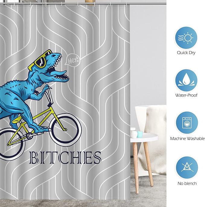 Aimego Extra Long Shower Curtain - Funny Cute Blue Dinosaur Ride A Bike Fun Dino Fabric Cloth Bath Shower Curtain Set with 12 Hooks for Bathroom Decor Accessories Bathtub Curtain, 72"x84"
