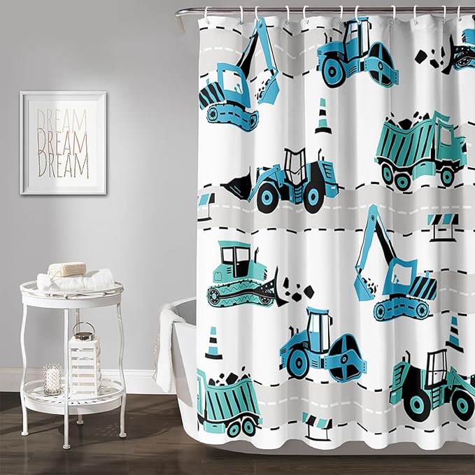 AILONEN Cartoon Kids Truck Shower Curtain,Waterproof Durable,Blue Forklift Truck Excavator Bath Curtain for Boys Girls,Construction Themed Bathroom Decor with 12 Plastic Hooks, 72" W x 72" H