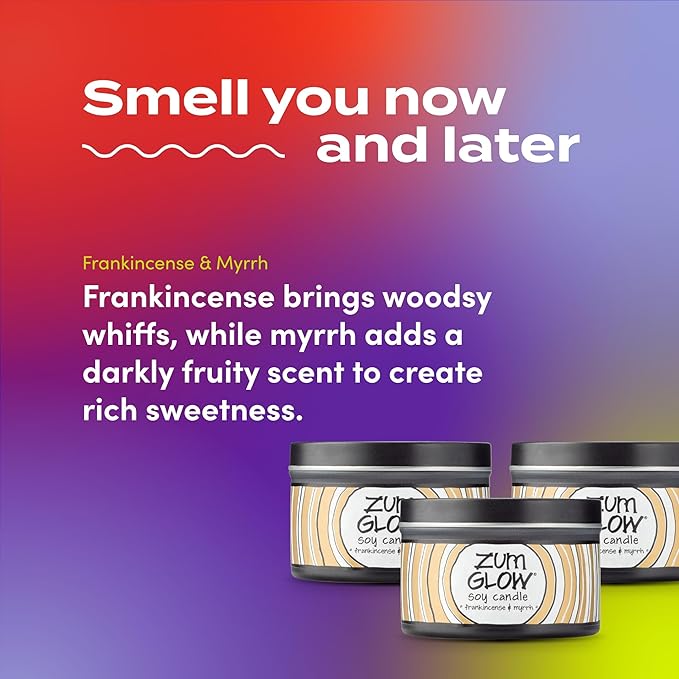Indigo Wild Zum Glow Frankincense & Myrrh Candle - Soy Wax Candle with Lead-Free Wick - Relaxing Candles Scented with Essential Oils - Long-Lasting Scented Candles - 30-Hour Burn Time - 7 oz (3 Pack)