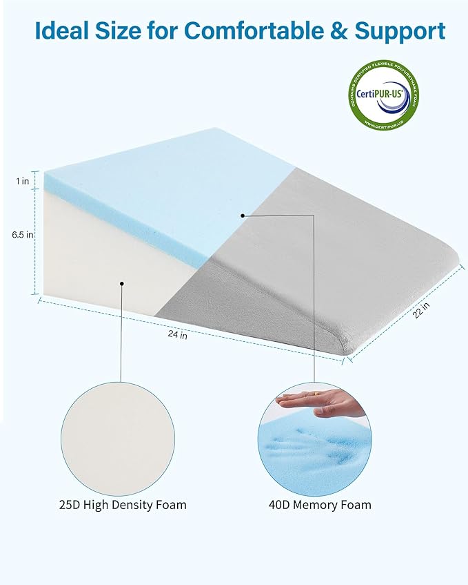 Bed Wedge Pillow for Sleeping, 7.5 Inch Triangle Pillow Wedge for After Surgery, Memory Foam Top Wedge Pillow for Anti-snoring Acid Reflux Gerd with Machine Washable Plush Cover