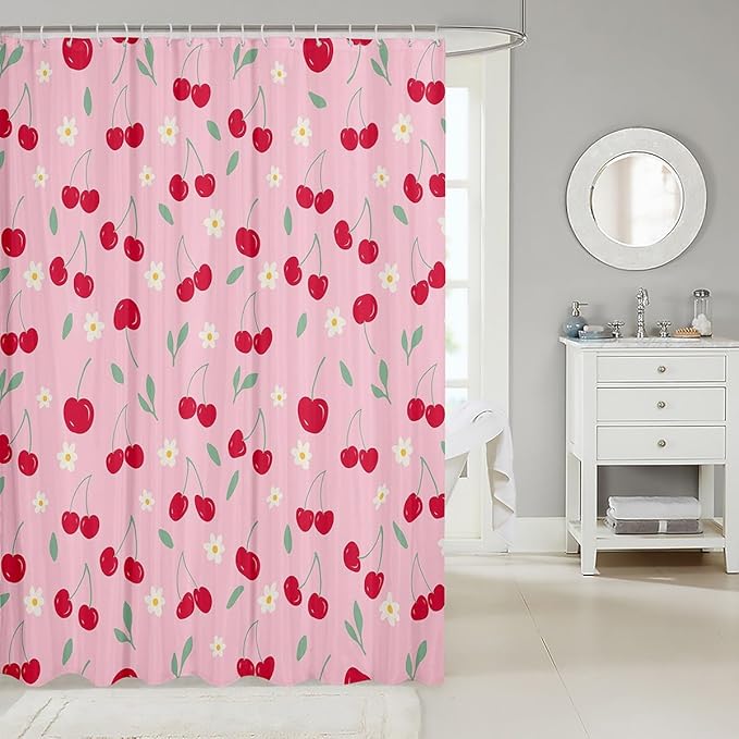 Feelyou Cherry Fabric Shower Curtain Fruits Shower Curtain for Kids Boys Girls Green Leaves Bathroom Waterproof Accessories with 12 Hooks Pink and Red Curtains,72X78 Inches
