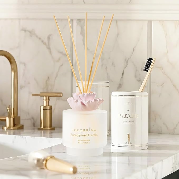 Cocorrina Gypsum Flower Reed Diffuser Set for Bathroom Décor – Eucalyptus & Freesia Scent, 6.76 oz with Sticks & Oil – Home Fragrance for Bathroom & Living Space