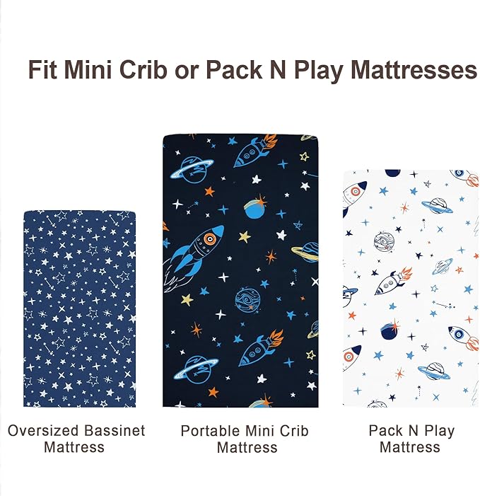 3 Pack Mini Crib Sheets, Premium Pack N Play Sheets for Boys Girls Neutral, Soft Breathable Baby Sheets Fit Pack N Play, Playard and Mini Crib Mattresses, Space