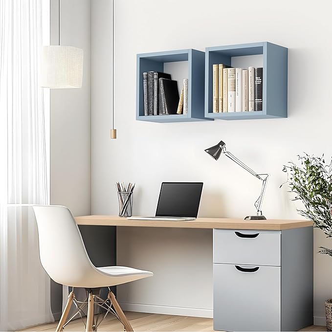 Kaboon Cube Floating Shelves Set2, Display Shelves Wall Mount 7.75" D x 12.5" W x 12.5" H, (Greylish Blue, Square 2 Cubes)