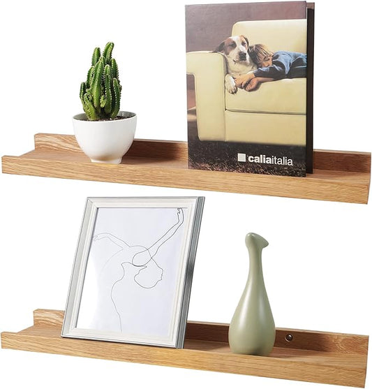 Floating Shelves Wall Mounted, Solid Oak Wood Shelf for Decor and Storage, Natural Picture Ledge for Bedroom Bathroom Living Room Kitchen, Natural Color, 20 * 4 * 1.5, Set of 2