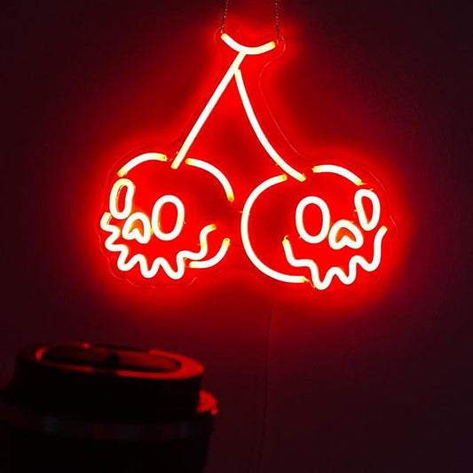 Skull Neon Sign,Cherry Wall Decor for Bedroom,Halloween Horror Decor,Gothic Red Light for Party,USB Powered Cherry Skull,Goth Lover Gifts-15"Red