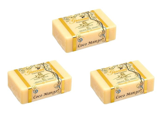 Grecian Goats Milk & Olive Oil Soap Bar 3-pack Coco Mango Scent: Handmade, All-Natural, Soap for Dry & Sensitive Skin, Anti-Aging, pH-Balanced, RSPO Sustainable - 4oz Bar