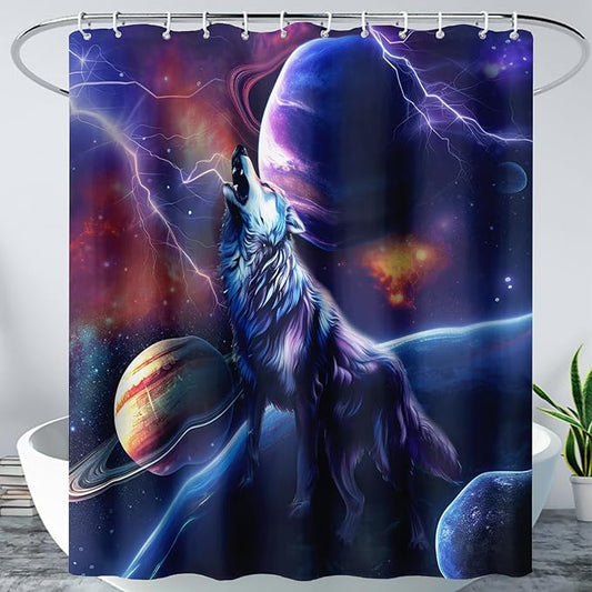 AILONEN Howling Wolf Shower Curtain,Lightning Planet Wolf Bath Curtain for Kids Boys Girls,Wildlife Animal Polyester Waterproof for Shower with 12 Plastic Hooks 48" W*72" H