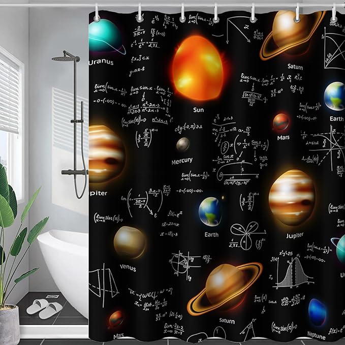 AILONEN Solar System Shower Curtain,Math Galaxy Planet Bath Curtain for Bathroom Decor,Polyester Waterproof with 12 Plastic Hooks 72" W*72" H
