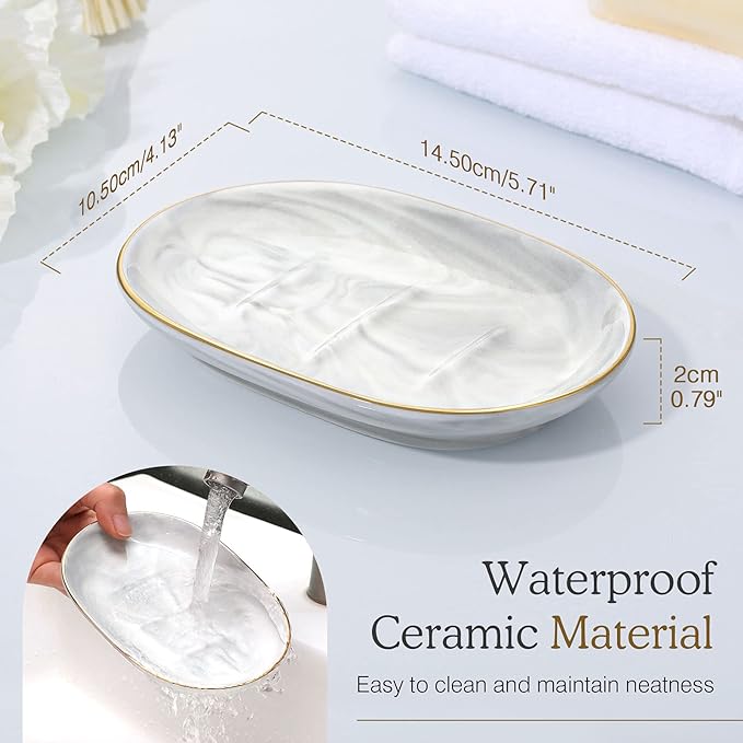 Luxspire Soap Dish Holder, Ceramic Marble Soap Tray Bar Soap Holder with Gold Trim, Oval Sponge Case Box Hand Soap Plate Container for Bathroom Vanity Shower Kitchen Sink Easy Cleaning, Marble White