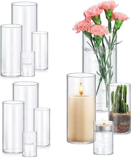 8 Pack Glass Cylinder Vases 4,6,8,10 Inch Tall Clear Flower Vase Hurricane Floating Candle Holder for Table Centerpiece Wedding Home Decor