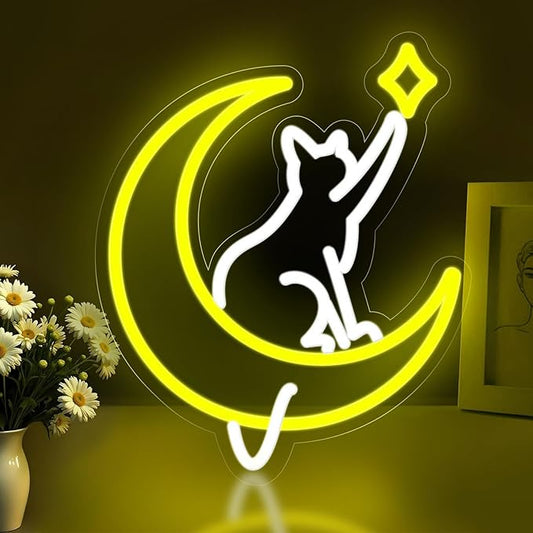 Moon Cat Neon Sign for Wall Decor,Dimmable Cute Cat with Star Neon Light,Yellow White Animal Light Up Signs for Bedroom Party Bar Background Decoration