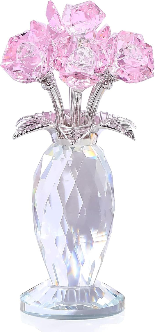 Crystal Pink Rose Bouquet Figurines Gifts for Women Romantic Flowers Ornament for Home Decor Anniversary Birthday Valentine's Day Presents for Girlfriend Wife Partner