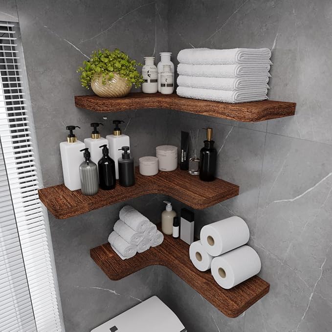 SAUMONIERES Corner Floating Shelves Wall Mount Shelf Solid Wood for Bedroom Bathroom Room Kitchen Storage Set of 3, Rustic Brown, Invisible Brackets