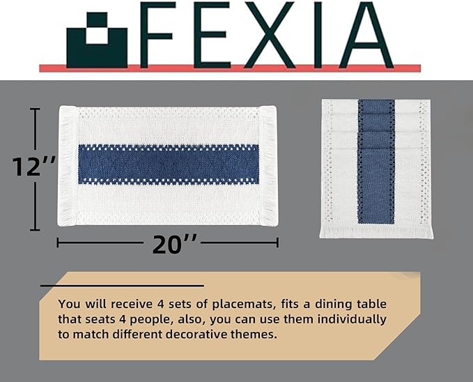 FEXIA Blue Boho Placemats Set of 4, Macrame Table Decor and Farmhouse Style Placemats Natural Cotton Burlap, for Dining Table, Blue