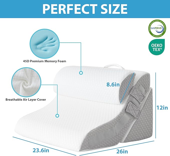 3PCS Bed Wedge Pillow for Sleeping, Adjustable Memory Foam Wedge Pillow for Back Leg Pain Relief, 23” Wide Triangle Pillow Wedge for Post Surgery, Acid Reflux, GERD & Snoring, White/Grey